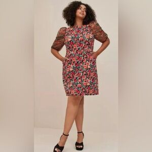 Torrid Mini Scuba Crepe Floral Print Dress with Sheer Organza Sleeves Sz 20 New